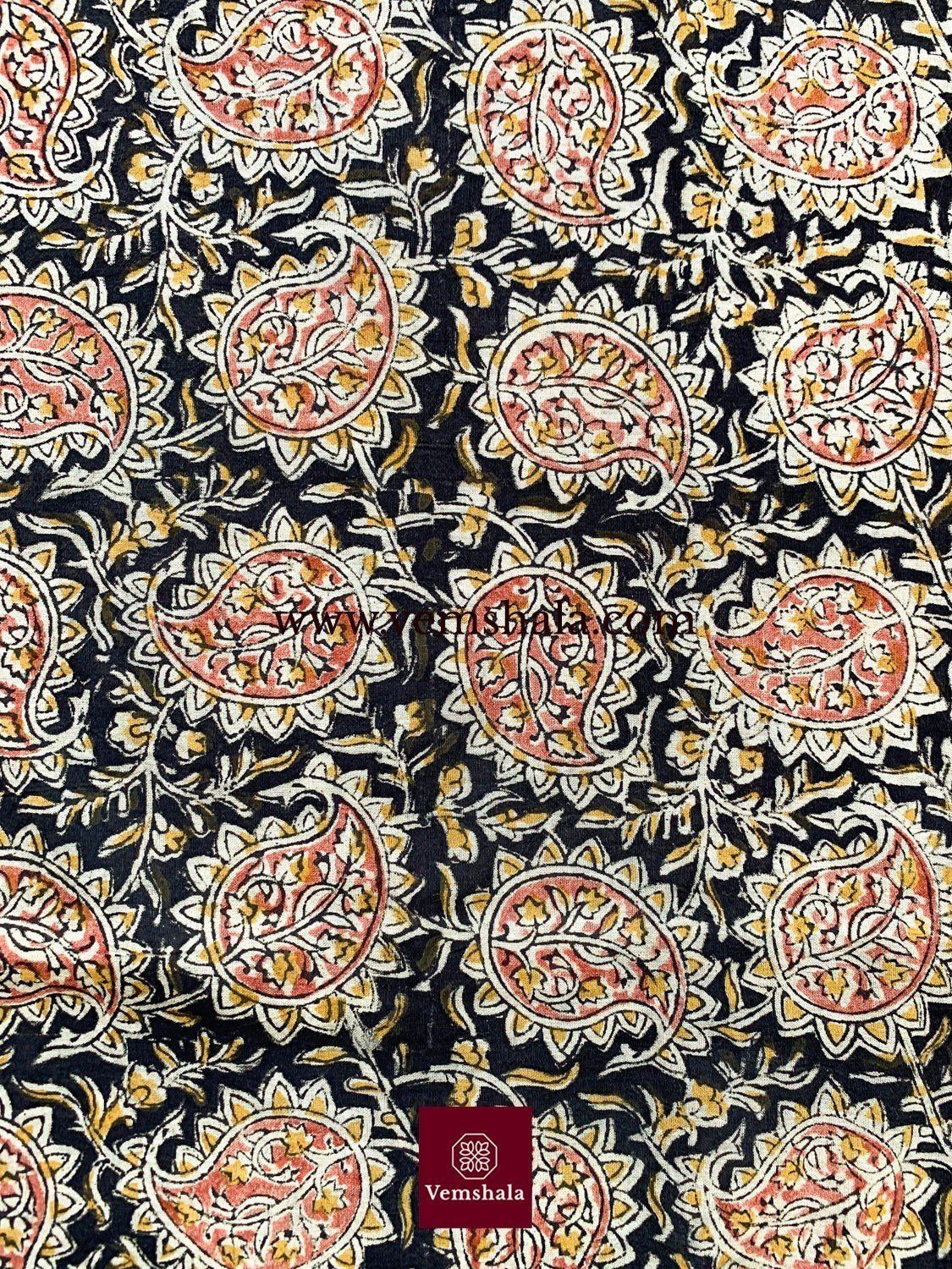 Black / Yellow Pedana Kalamkari Hand Block print Cotton Saree - Vemshala