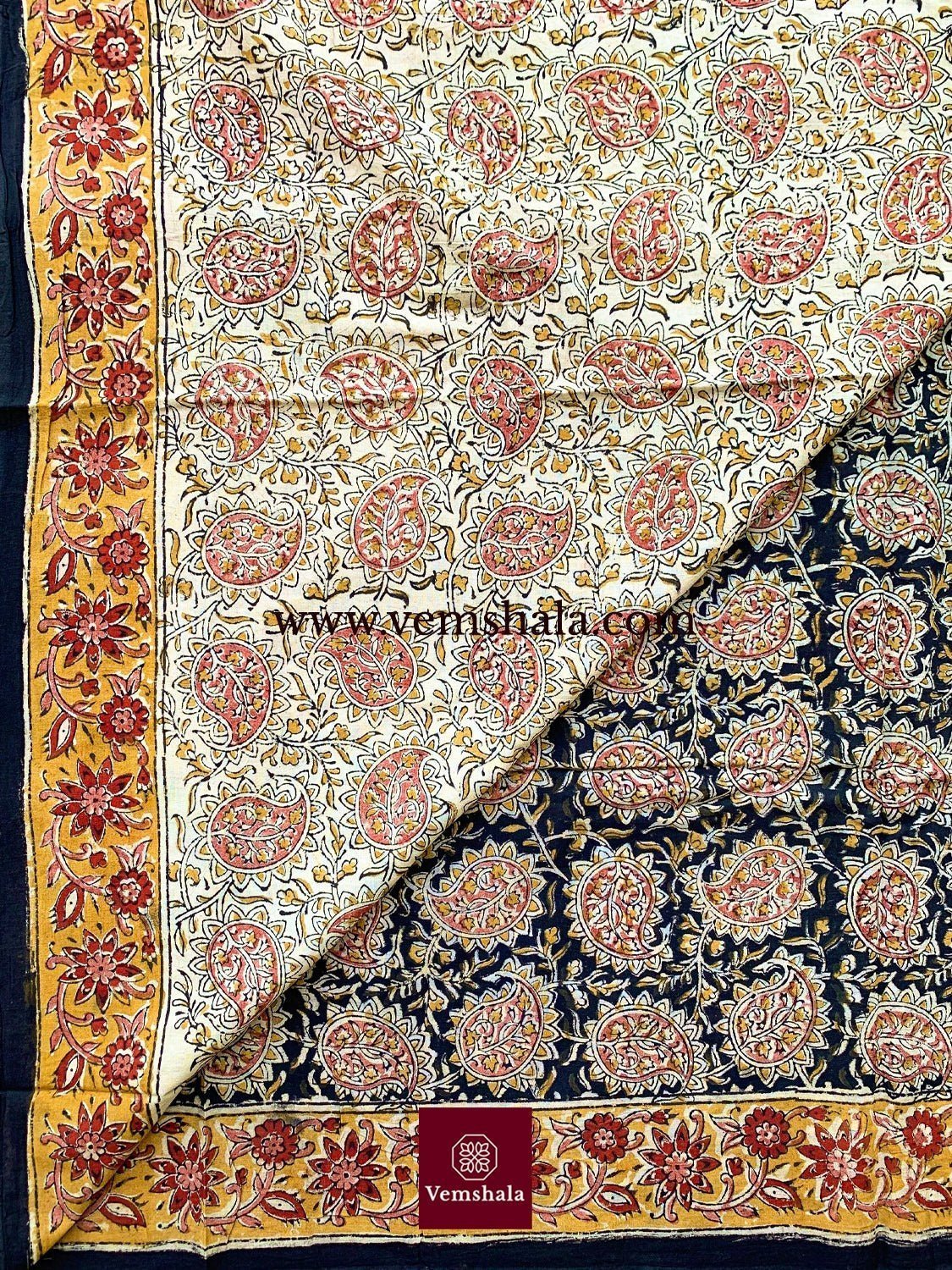 Black / Yellow Pedana Kalamkari Hand Block print Cotton Saree - Vemshala