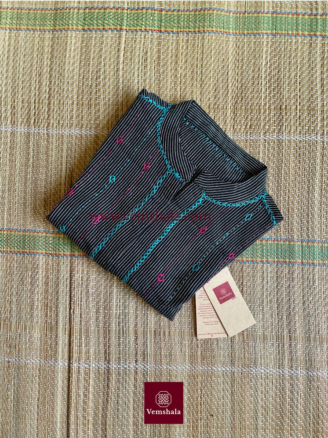 Black/White/ Turquoise/ Pink Hand Embroidered Blouse - Vemshala