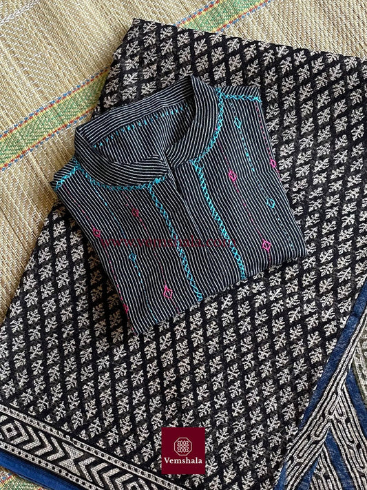 Black/White/ Turquoise/ Pink Hand Embroidered Blouse - Vemshala