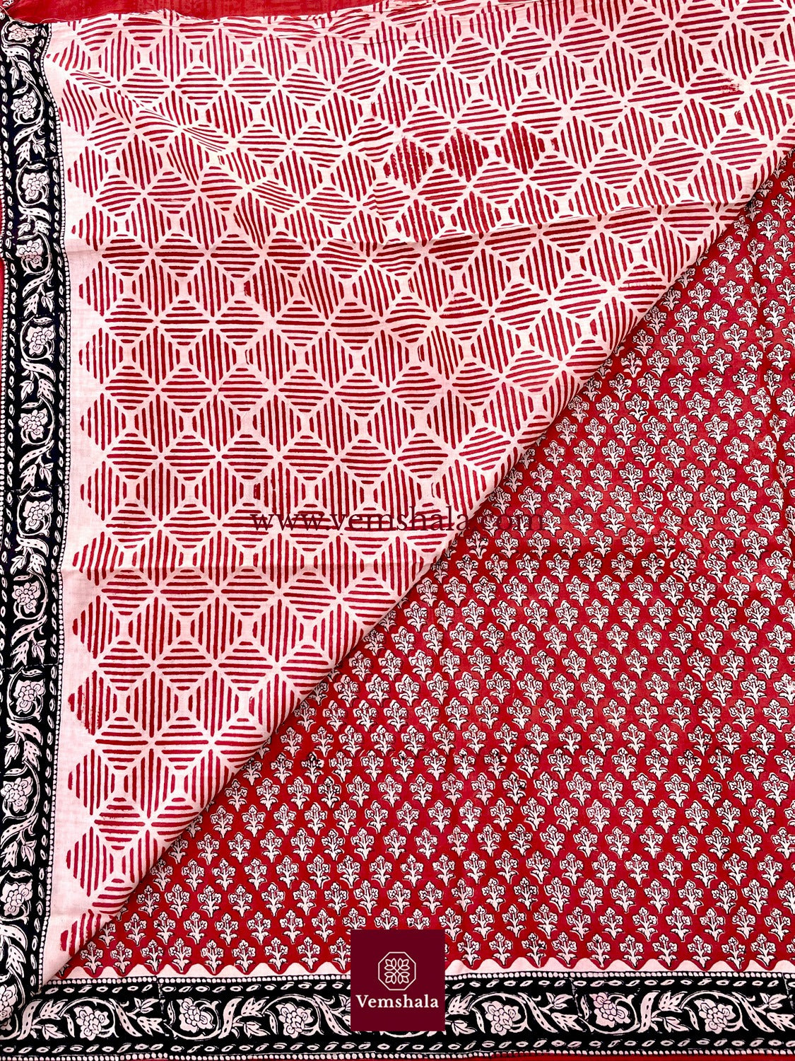 Red/ Ecru/ Black Bagru Handblock Print Cotton Saree : Kritisha - Vemshala