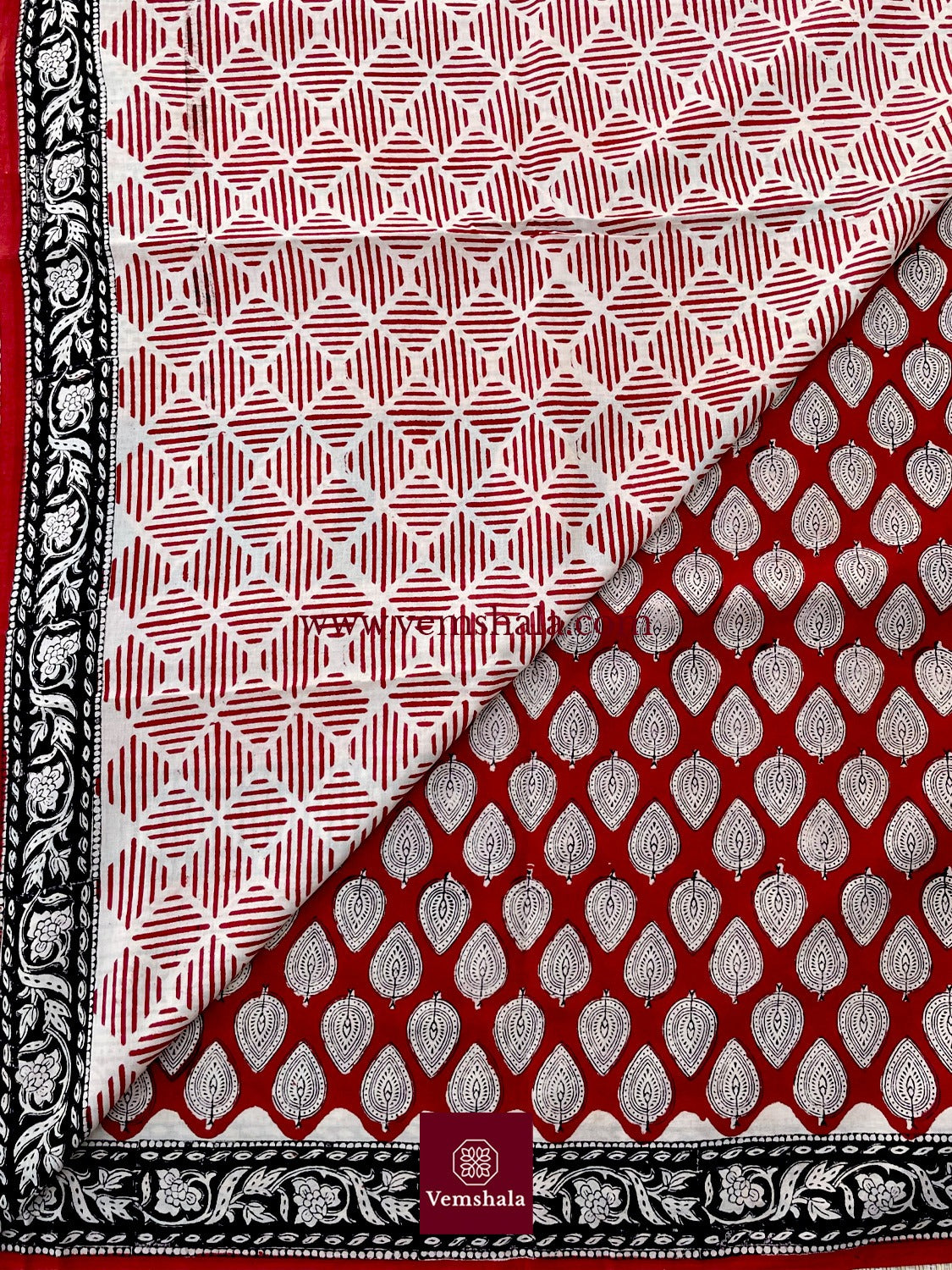 Red/ Ecru/ Black Bagru Handblock Print Cotton Saree : Trishaya - Vemshala