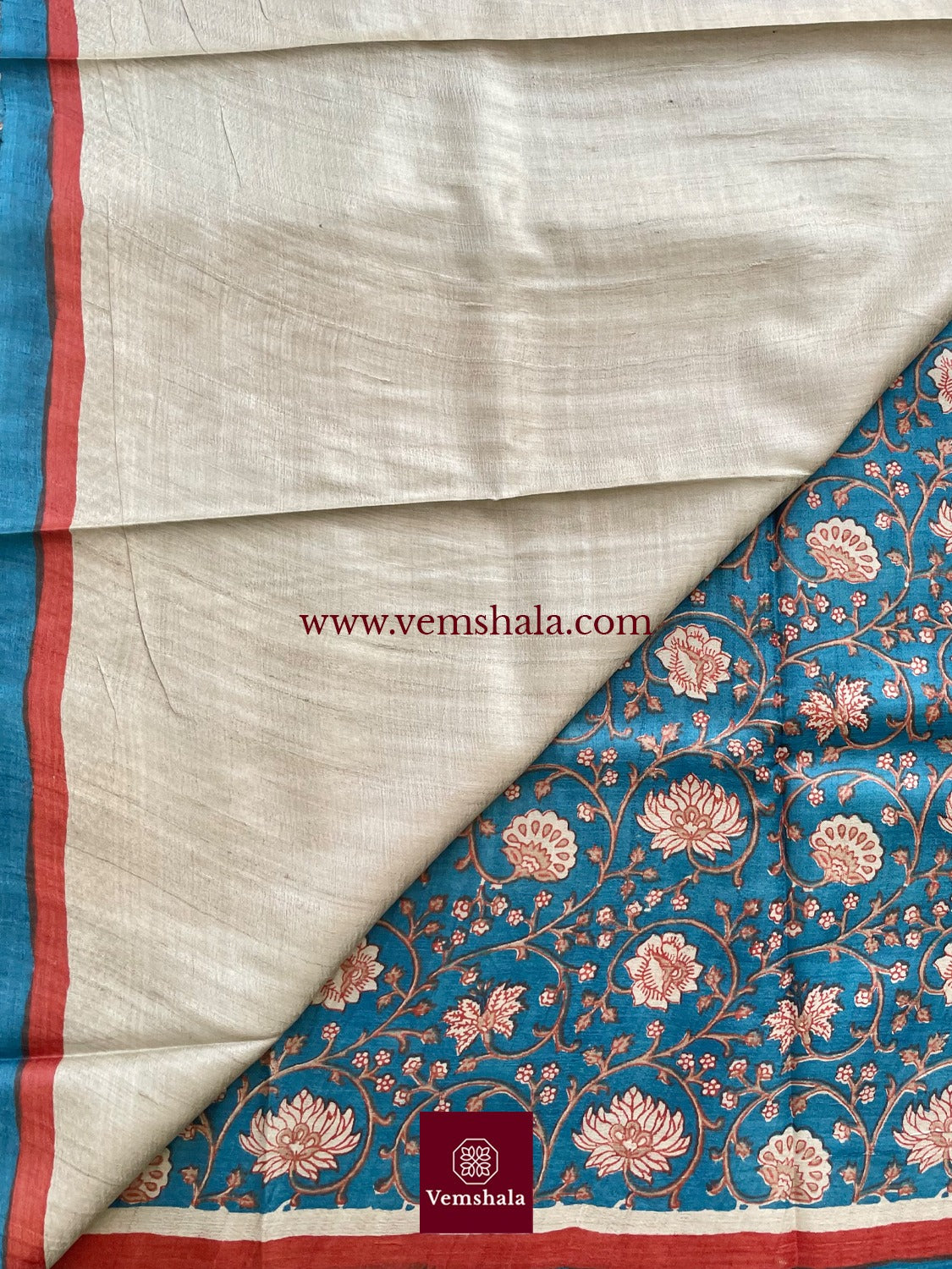 Turquoise Blue / Multi Hand Block Print Tussar Silk Saree: Panna - Vemshala