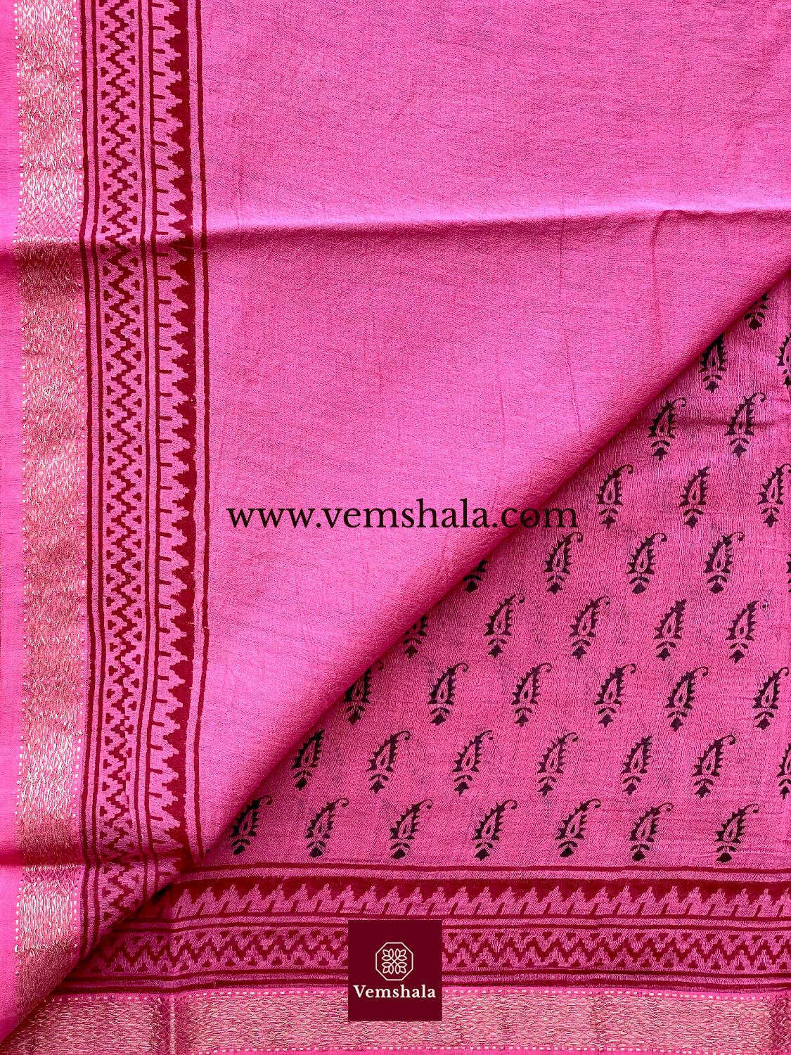 Pink /Black / Red Hand Block Printed Maheshwari Saree : Pushpanjali - Vemshala