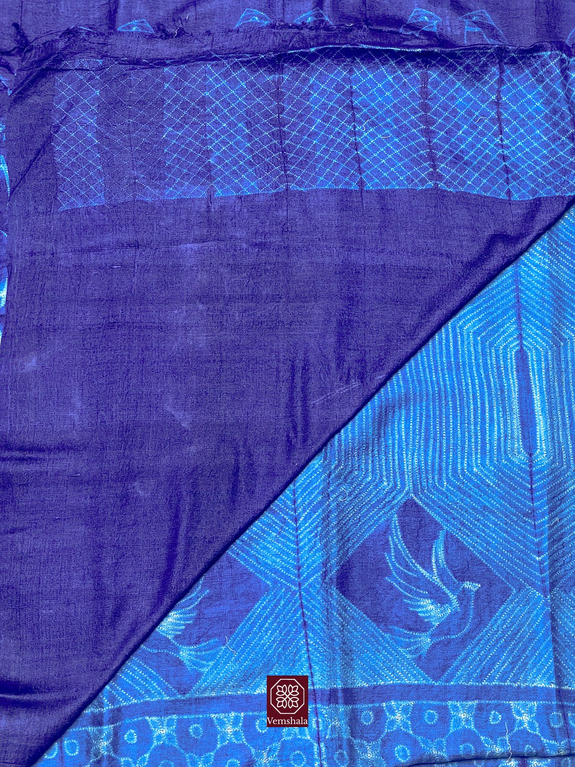 Blue / Ecru Nui Shibori Silk Saree - Vemshala