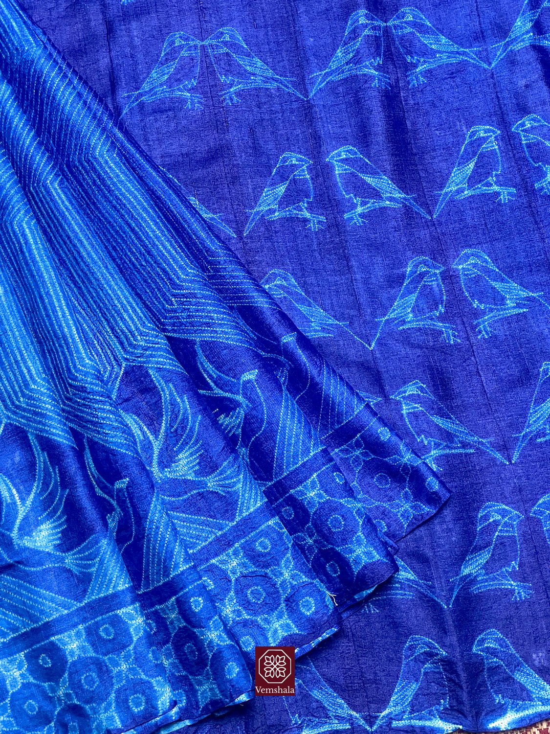 Blue / Ecru Nui Shibori Silk Saree - Vemshala