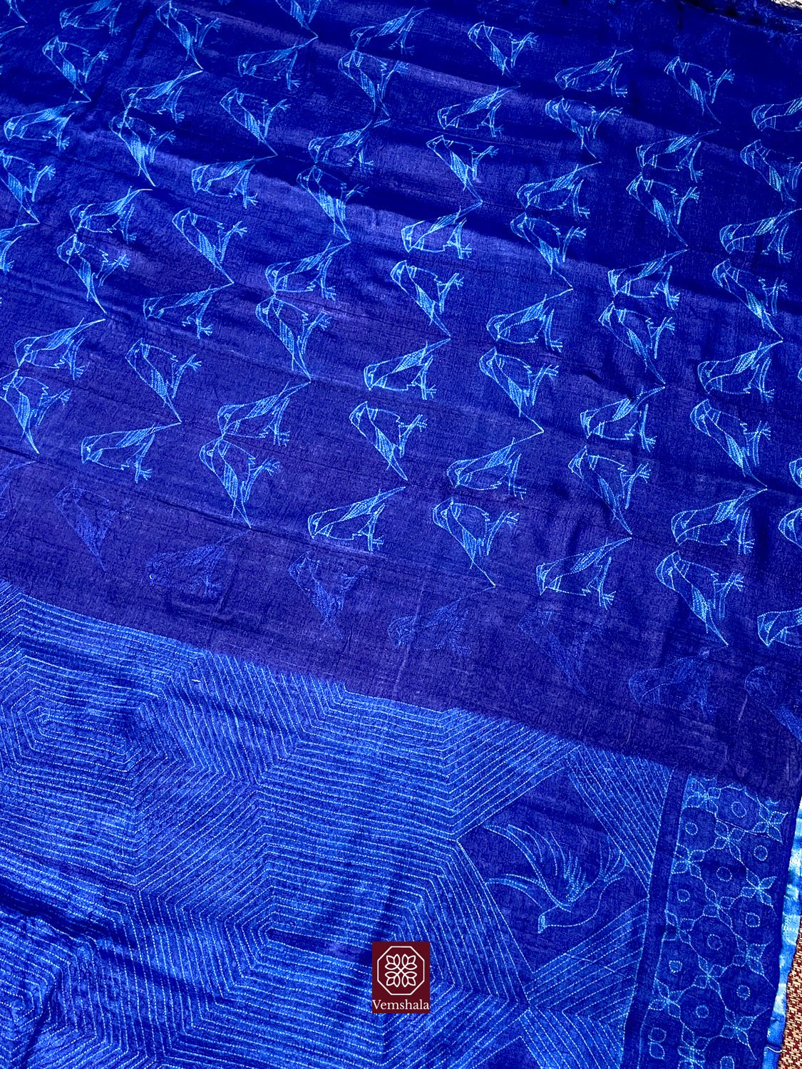 Blue / Ecru Nui Shibori Silk Saree - Vemshala