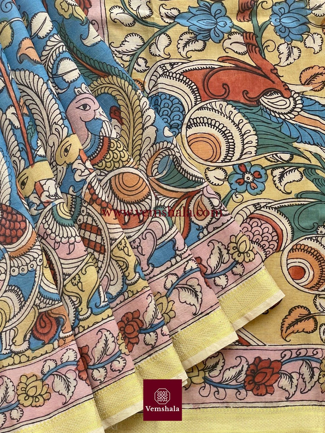 Blue / Gold Pen Kalamkari Bengaluru Silk Saree: Mitthoo - Vemshala