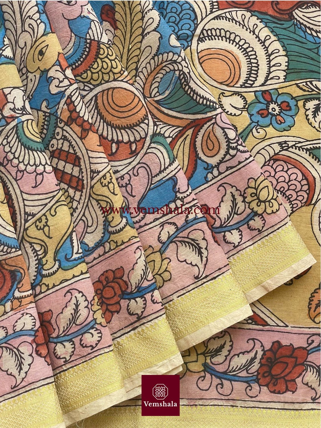 Blue / Gold Pen Kalamkari Bengaluru Silk Saree: Mitthoo - Vemshala