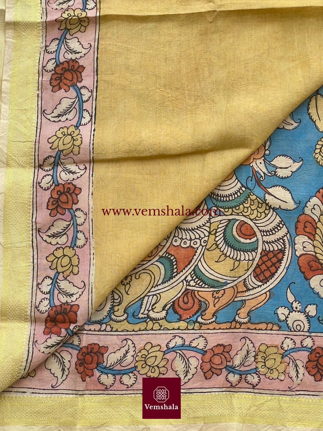 Blue / Gold Pen Kalamkari Bengaluru Silk Saree: Mitthoo - Vemshala