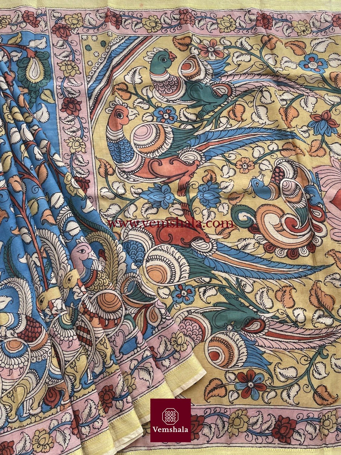 Blue / Gold Pen Kalamkari Bengaluru Silk Saree: Mitthoo - Vemshala