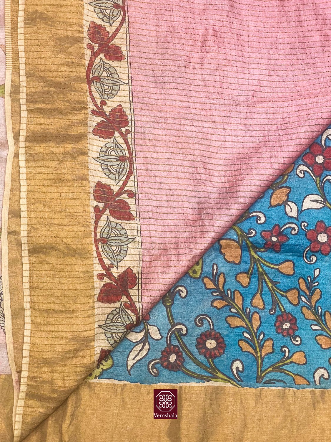 Blue / Multi Floral / Gold Pen Kalamkari Tussar Silk Saree - Vemshala