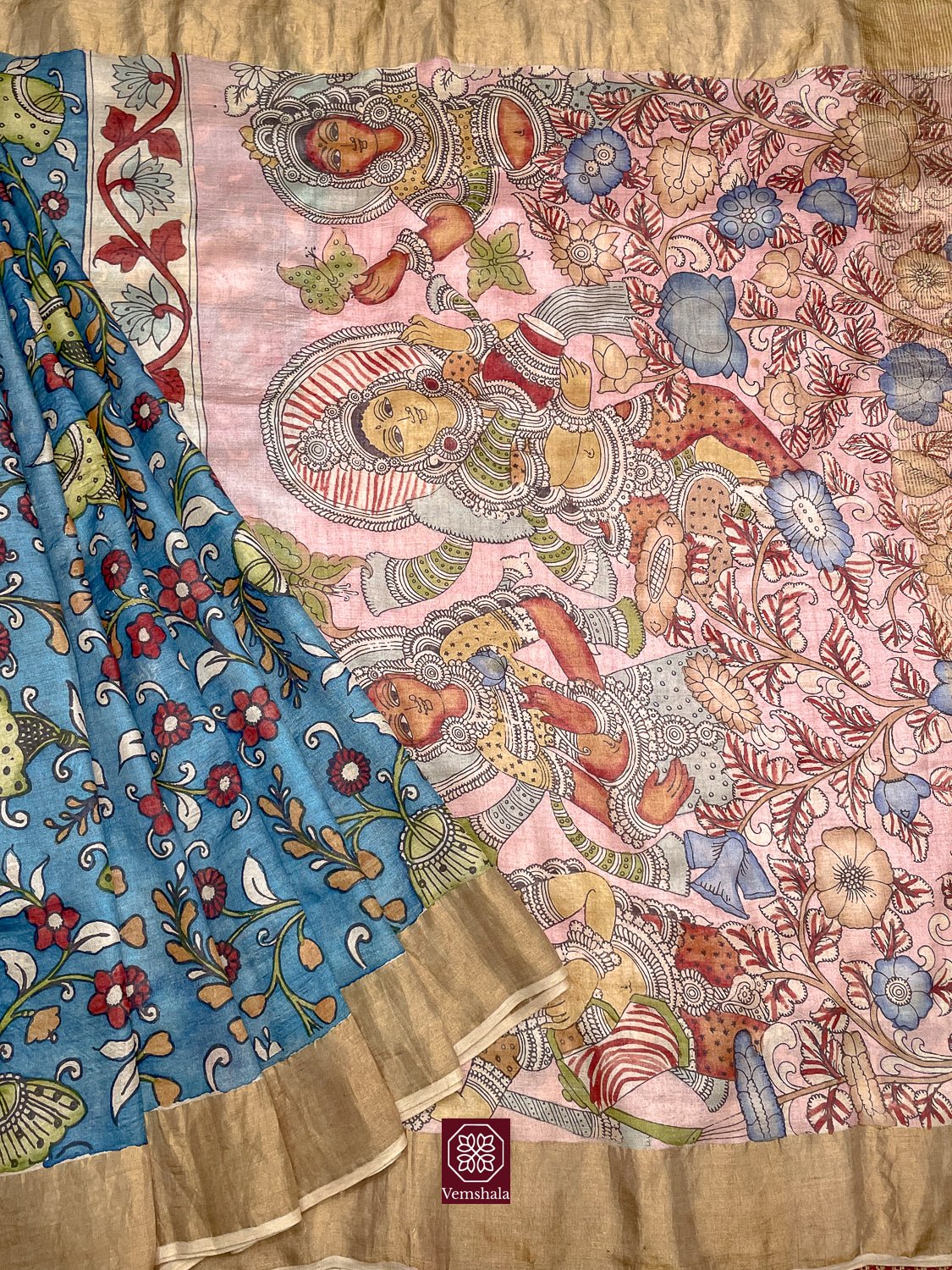 Blue / Multi Floral / Gold Pen Kalamkari Tussar Silk Saree - Vemshala