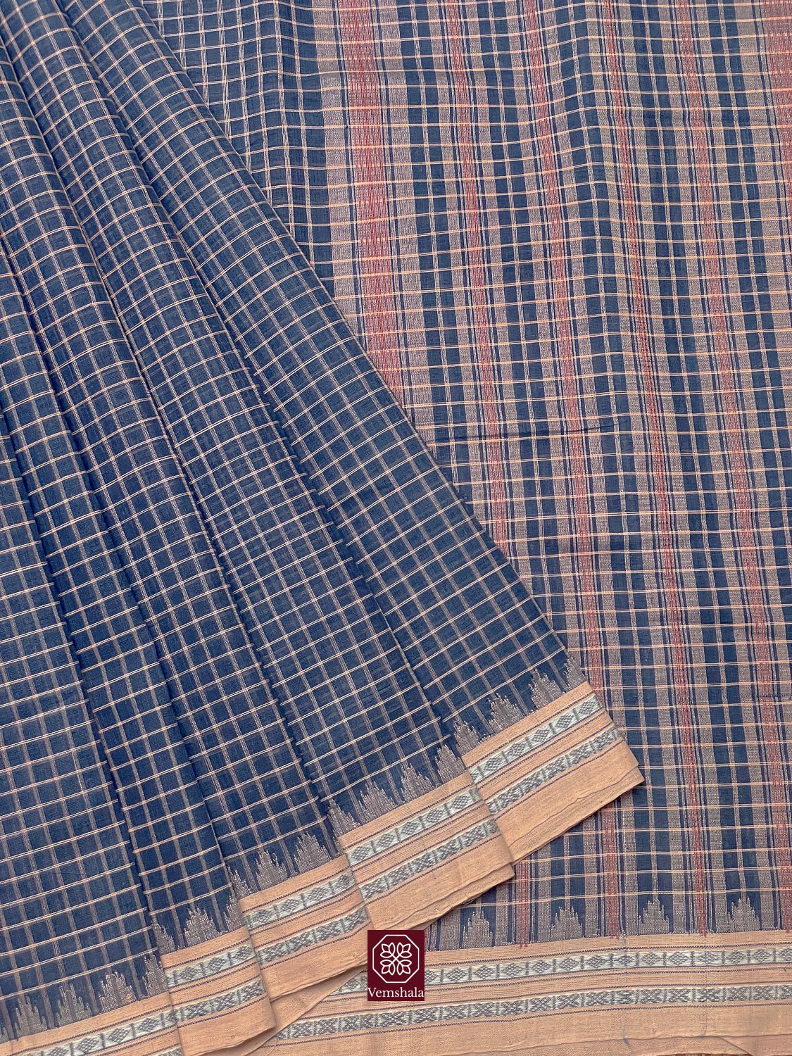 Blue / Peach Checks Ponduru Cotton Saree - Vemshala