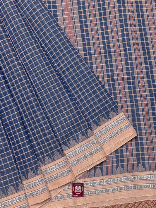 Blue / Peach Checks Ponduru Cotton Saree - Vemshala