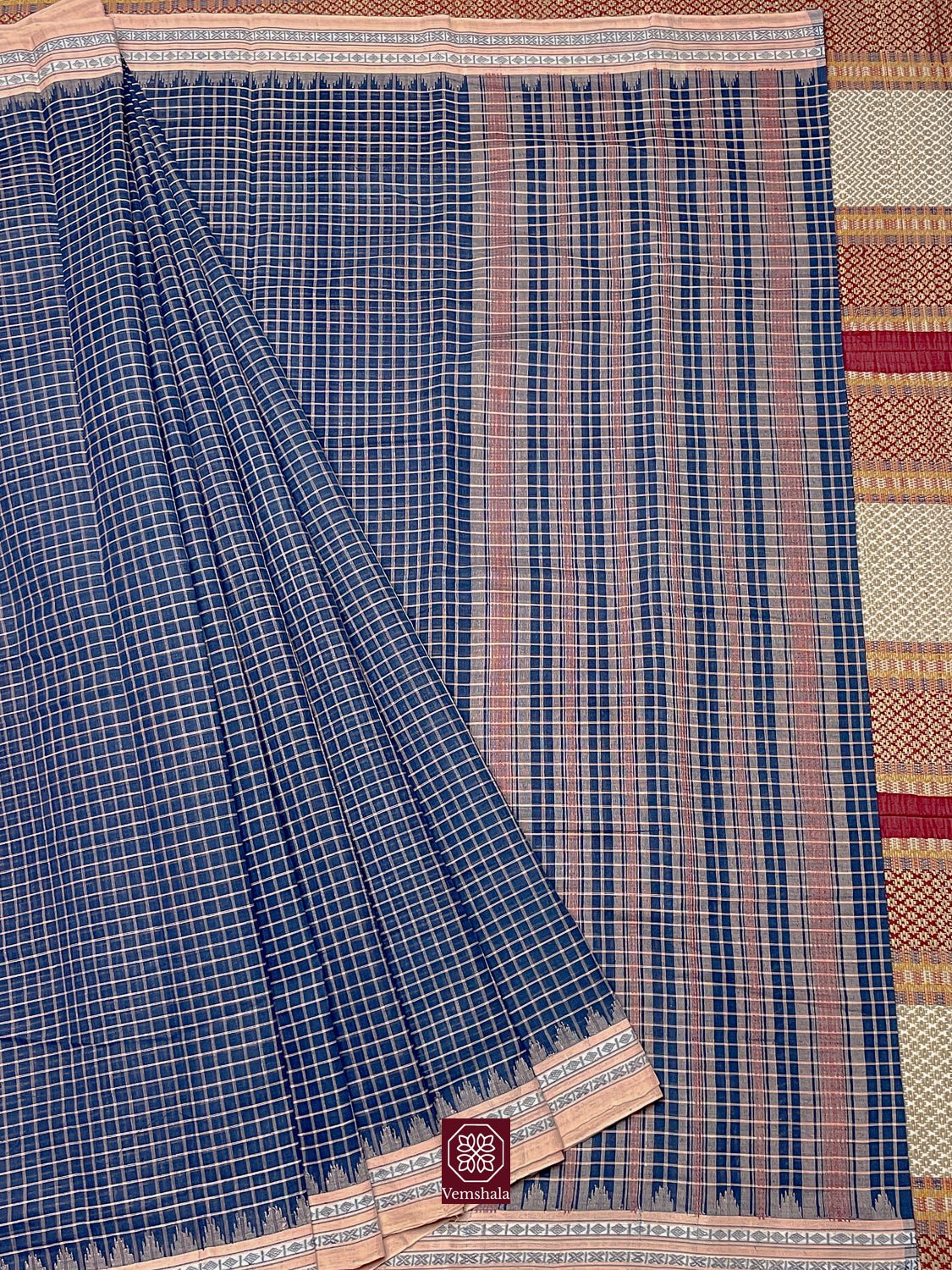 Blue / Peach Checks Ponduru Cotton Saree - Vemshala