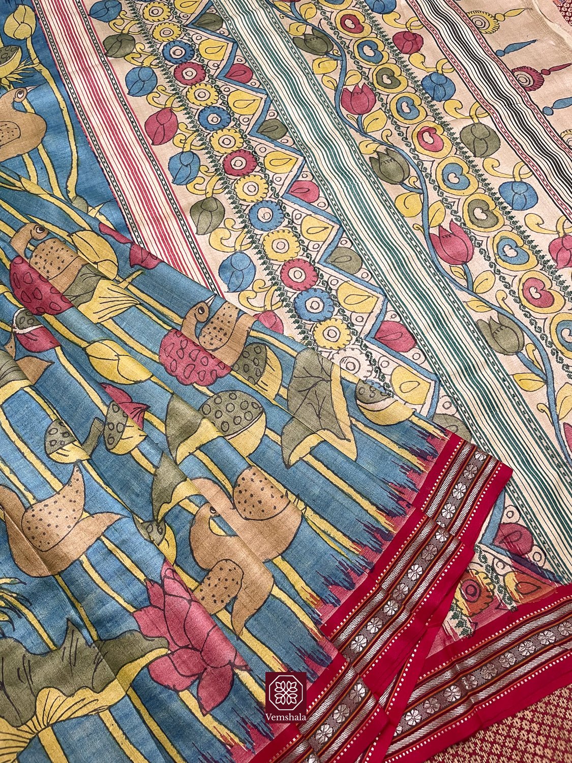 Blue Pichwai Inspired Pen Kalamkari Karvati Kinar Tussar Silk Saree - Vemshala