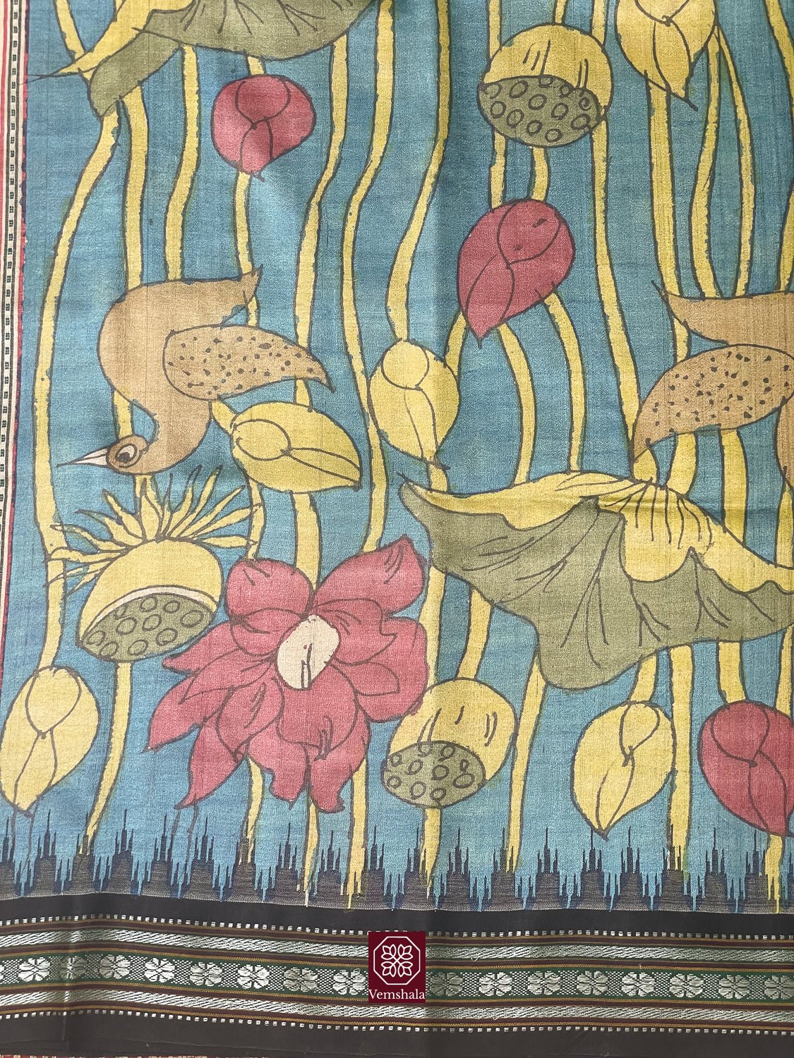 Blue Pichwai Inspired Pen Kalamkari Karvati Kinar Tussar Silk Saree - Vemshala