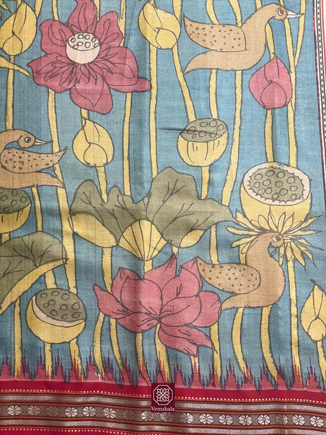 Blue Pichwai Inspired Pen Kalamkari Karvati Kinar Tussar Silk Saree - Vemshala