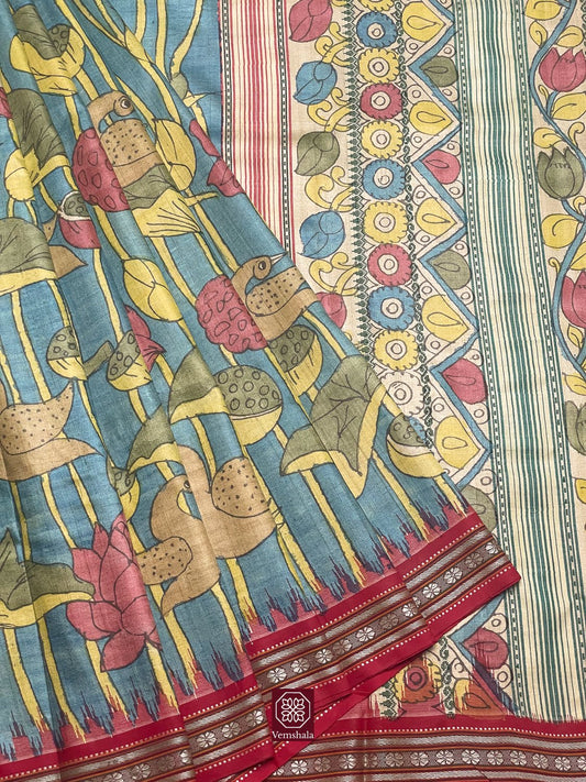 Blue Pichwai Inspired Pen Kalamkari Karvati Kinar Tussar Silk Saree - Vemshala