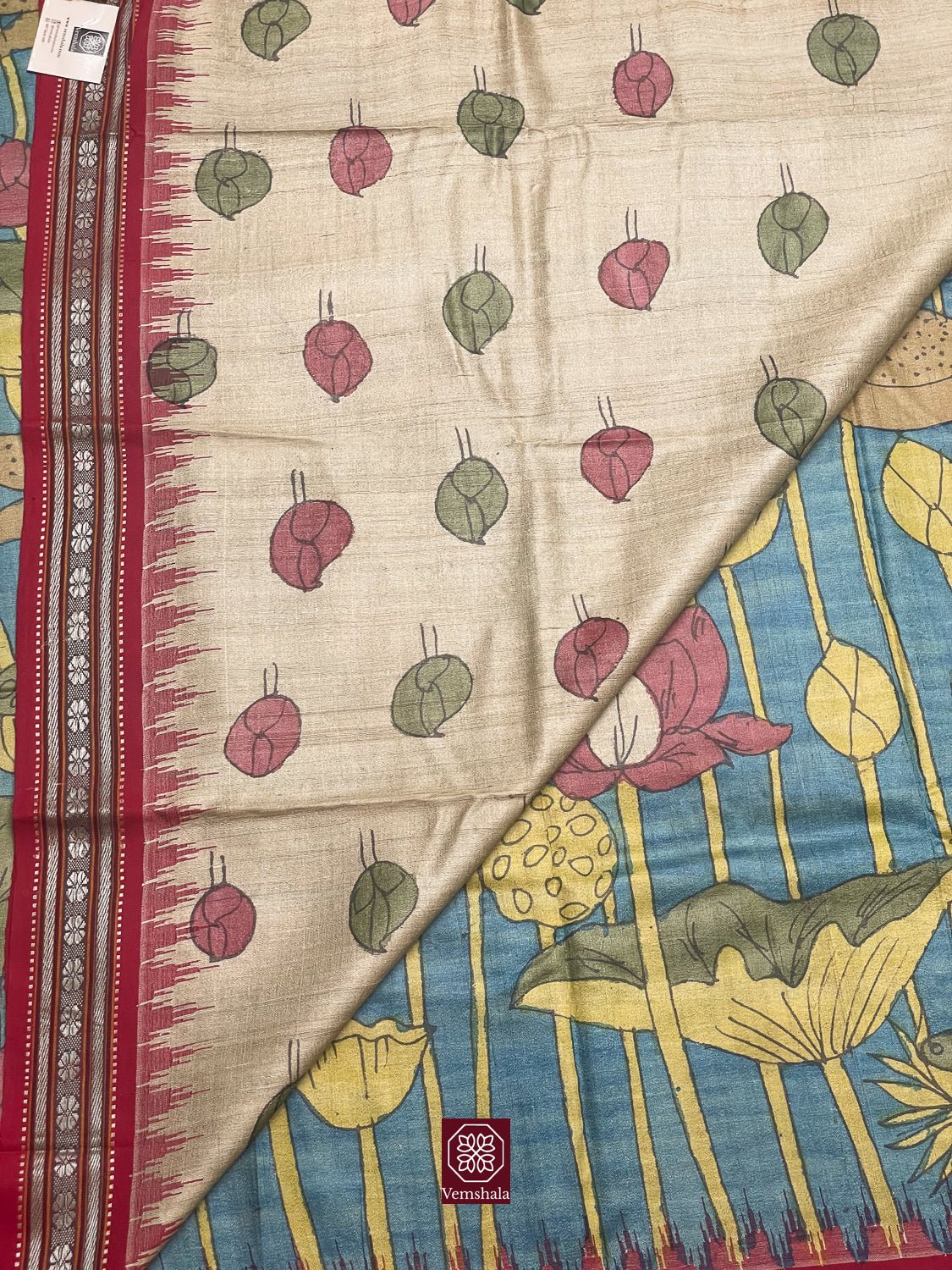 Blue Pichwai Inspired Pen Kalamkari Karvati Kinar Tussar Silk Saree - Vemshala