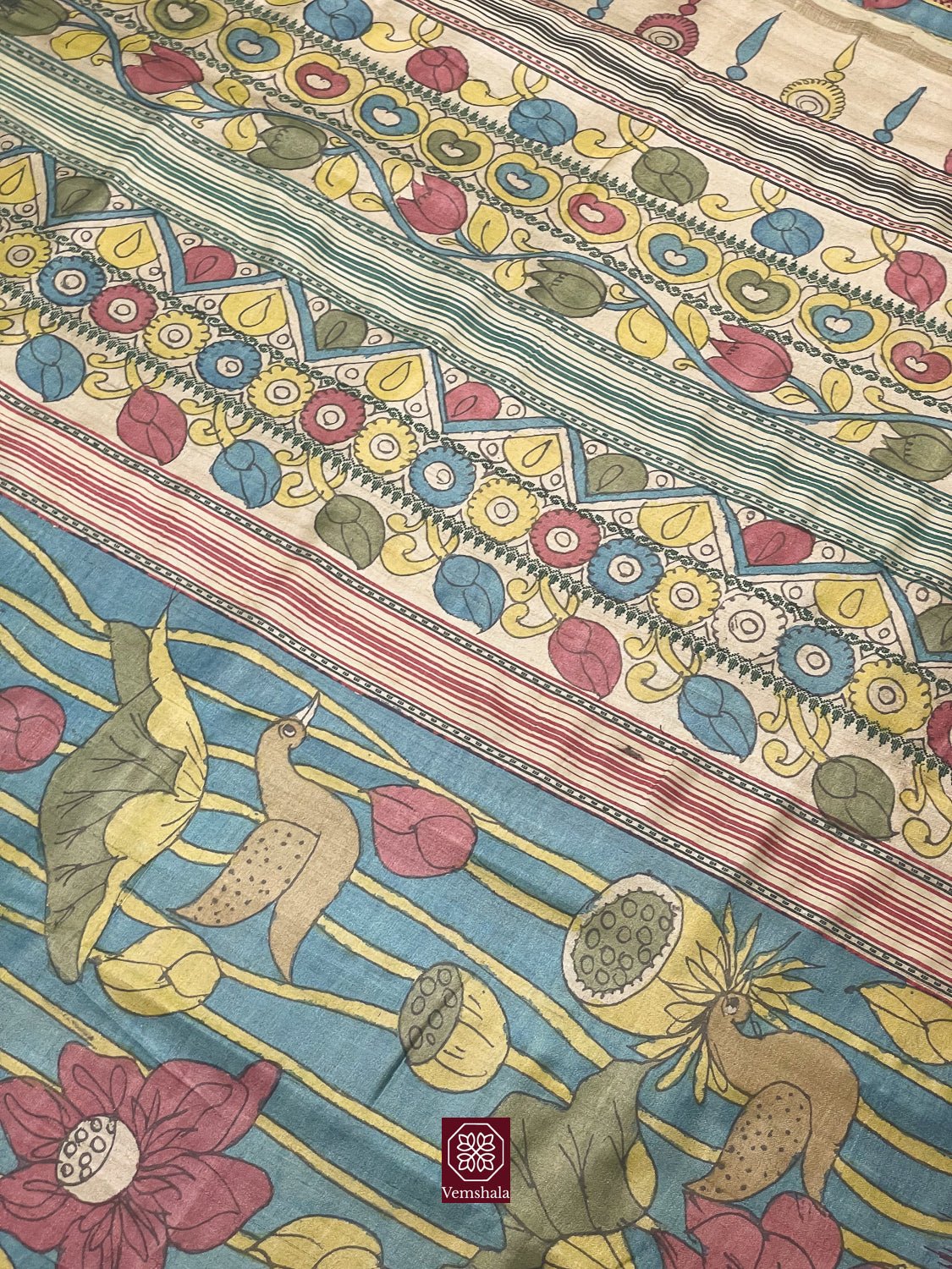 Blue Pichwai Inspired Pen Kalamkari Karvati Kinar Tussar Silk Saree - Vemshala