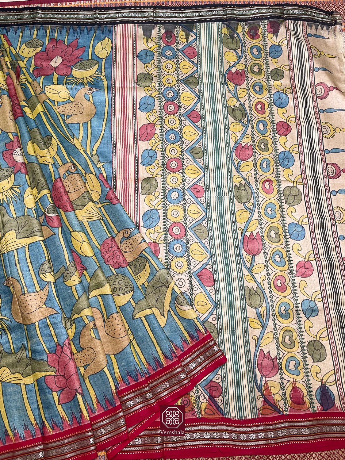 Blue Pichwai Inspired Pen Kalamkari Karvati Kinar Tussar Silk Saree - Vemshala