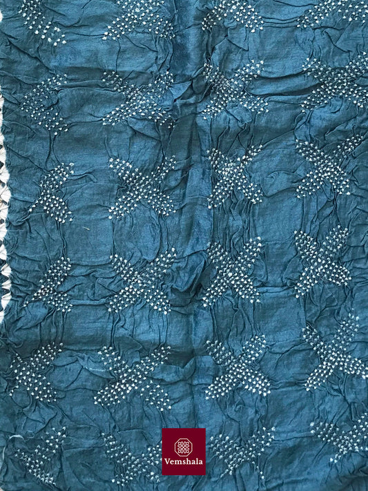 Teal Tussar Silk Bandhani / Bhandej Stole - Vemshala