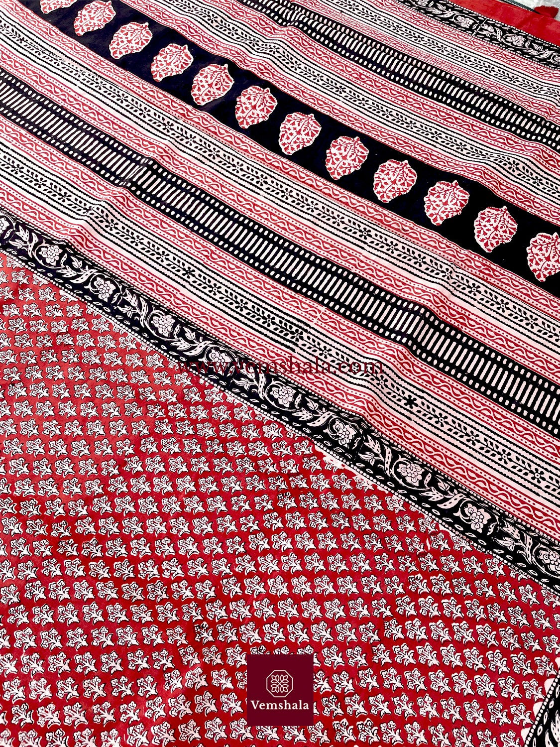 Red/ Ecru/ Black Bagru Handblock Print Cotton Saree : Kritisha - Vemshala