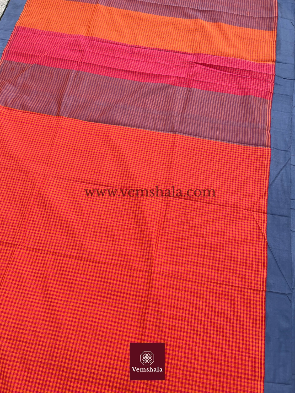 Orange / Pink / Grey Ponduru Cotton Saree :Kunji - Vemshala