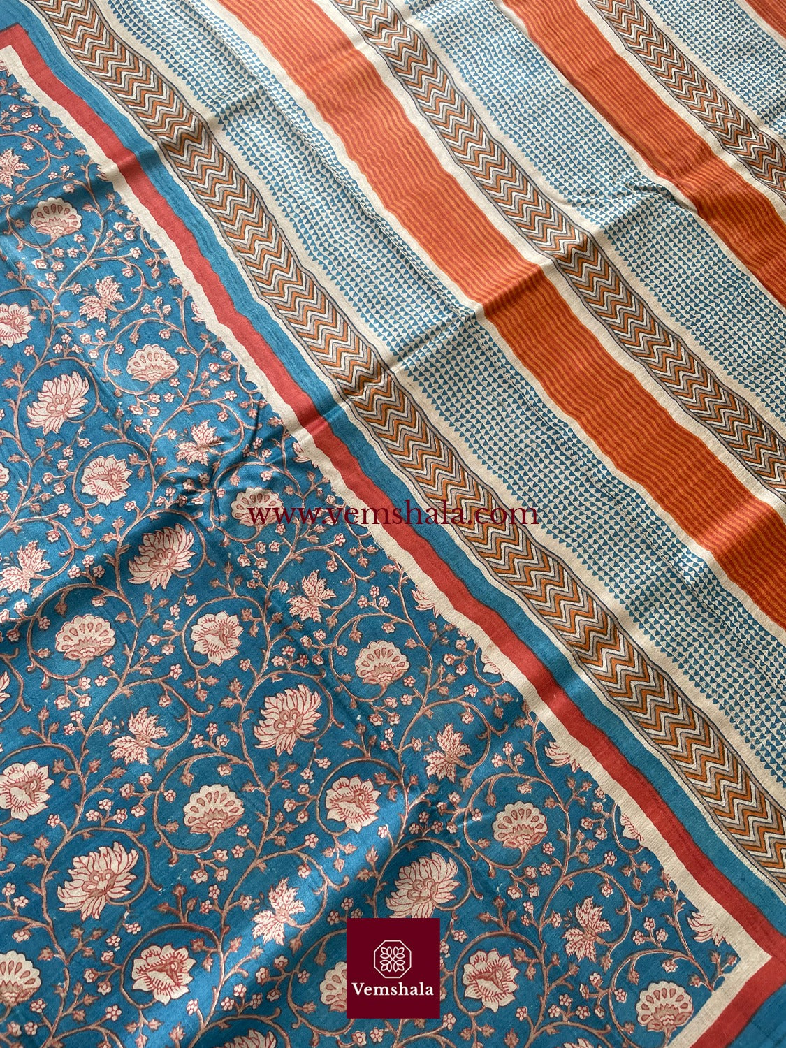 Turquoise Blue / Multi Hand Block Print Tussar Silk Saree: Panna - Vemshala