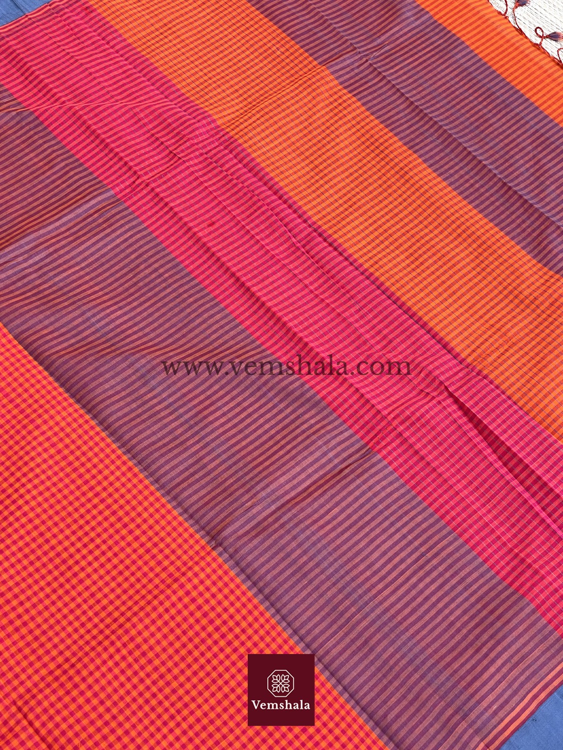 Orange / Pink / Grey Ponduru Cotton Saree :Kunji - Vemshala