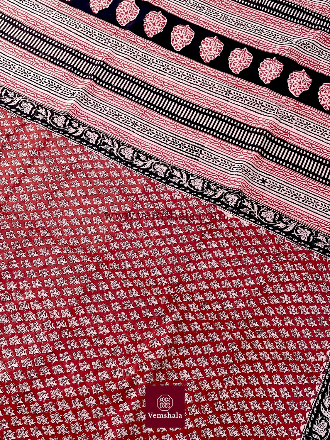 Red/ Ecru/ Black Bagru Handblock Print Cotton Saree : Kritisha - Vemshala