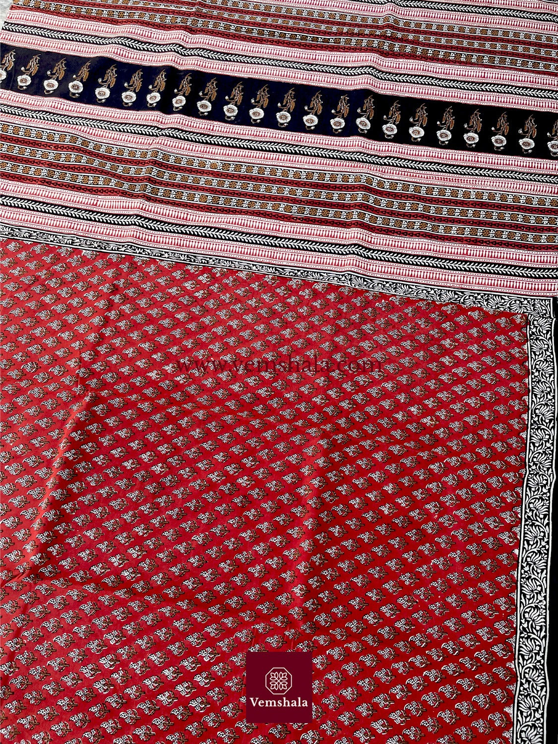 Red/ Ecru/ Black Bagru Handblock Print Cotton Saree : Aruna - Vemshala