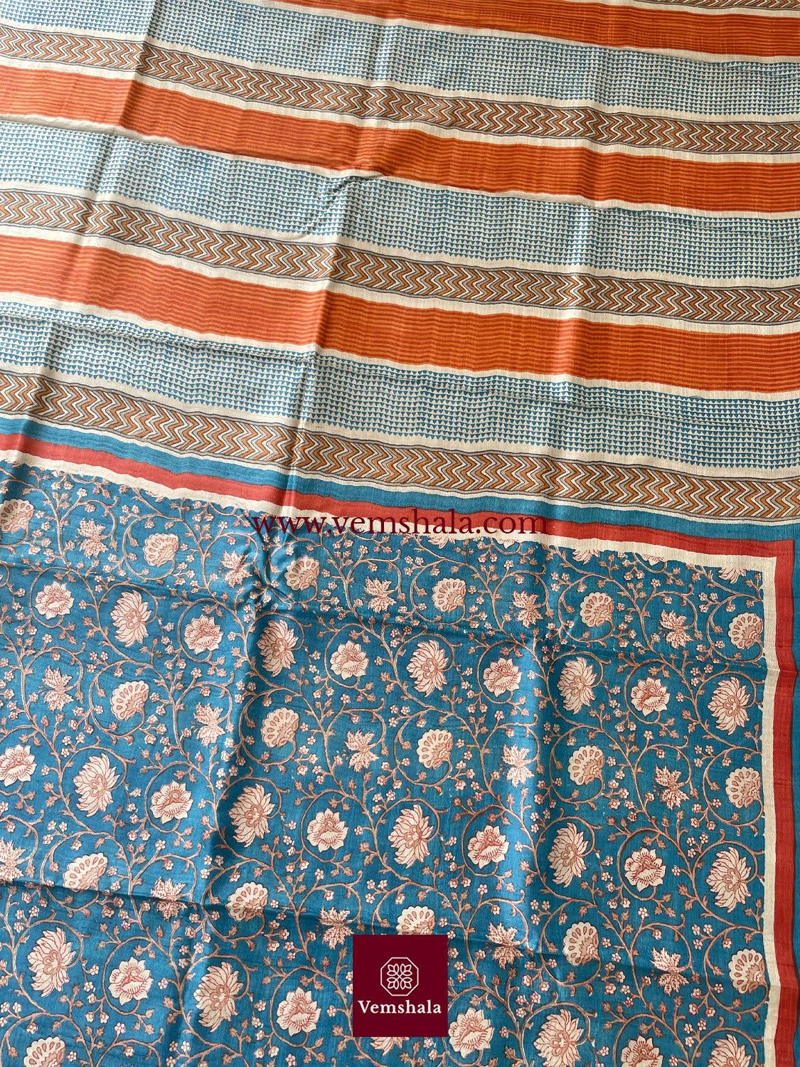 Turquoise Blue / Multi Hand Block Print Tussar Silk Saree: Panna - Vemshala