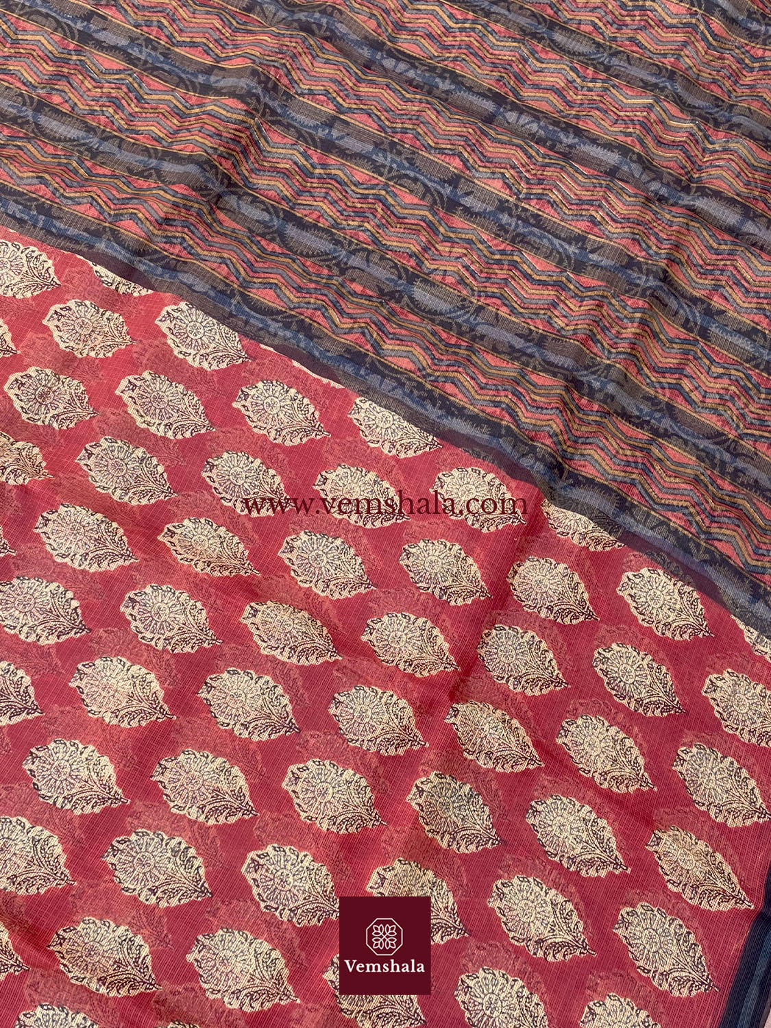 Red/ Ecru/Gold/Black Bagru Hand block print Kota Silk Saree : Suhani - Vemshala