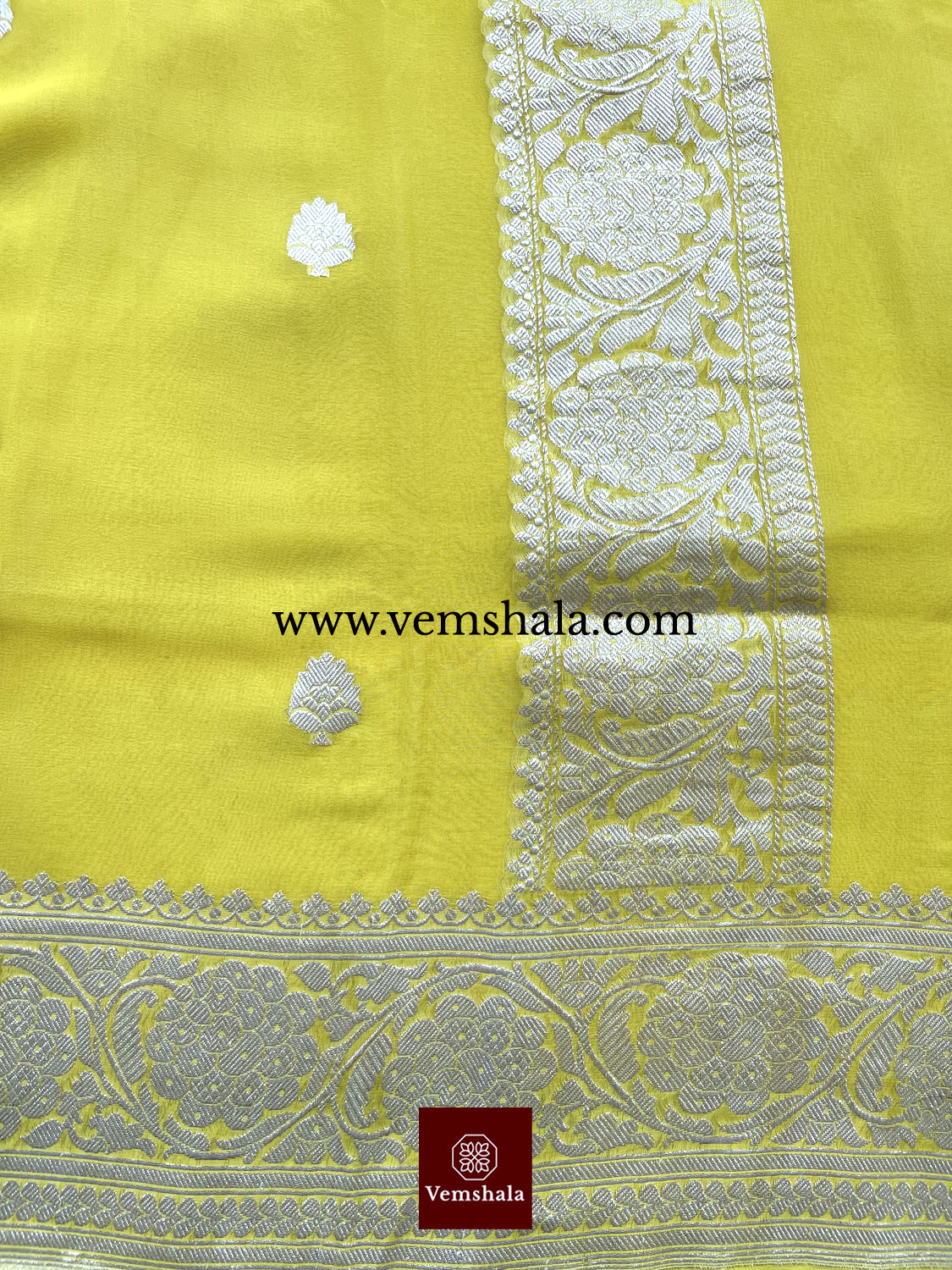 Sunshine yellow Banarasi Khaddi-Georgette Saree : Bhor - Vemshala