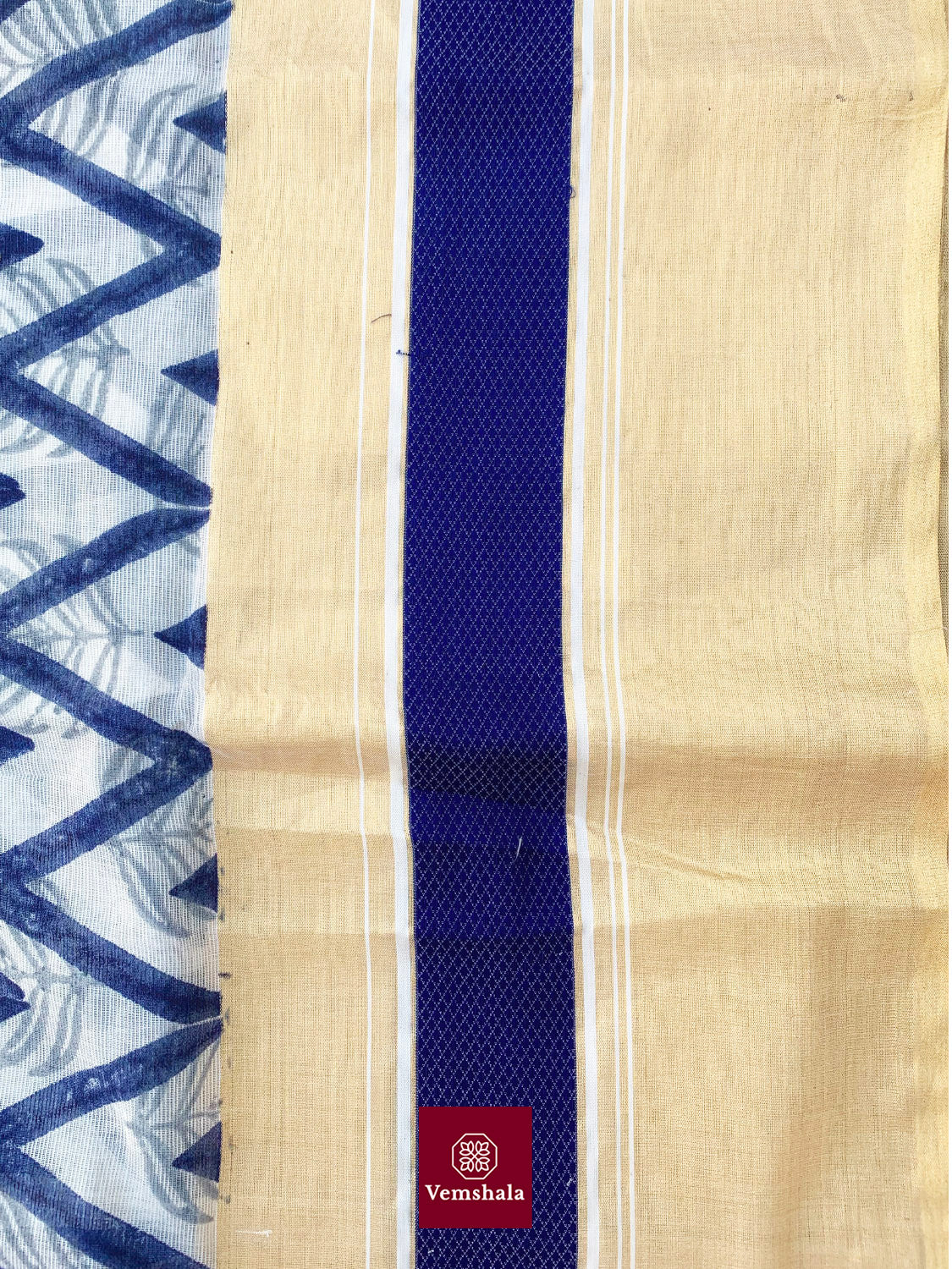 White/ Indigo/ Gold Maheshwari Saree : Neeyati - Vemshala