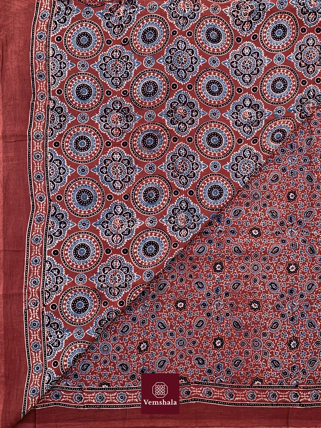 Red/ Indigo Ecru Ajrakh Cotton Saree : Rati - Vemshala