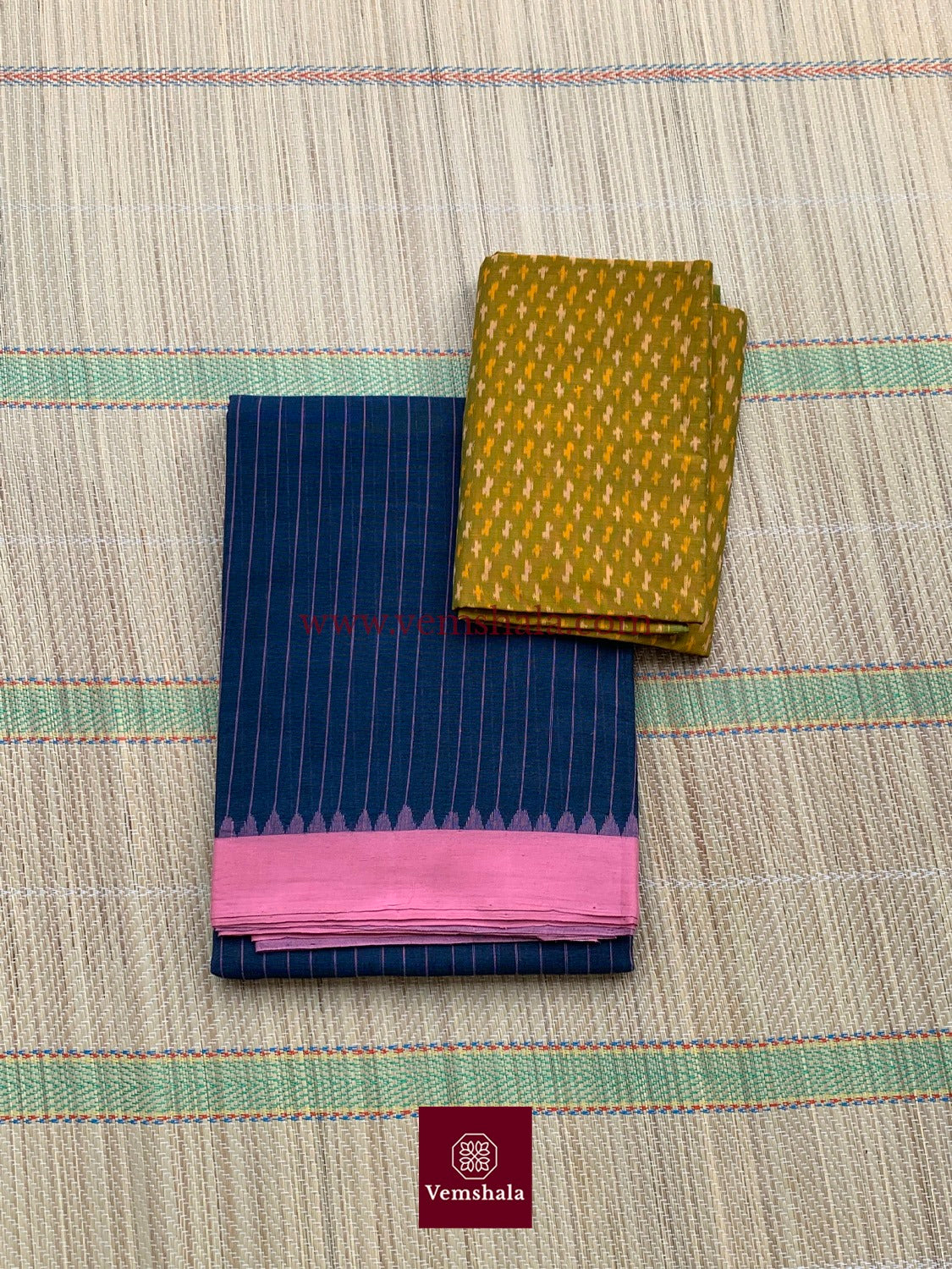 Navy / Pale Pink Ponduru Cotton Saree : Neema - Vemshala