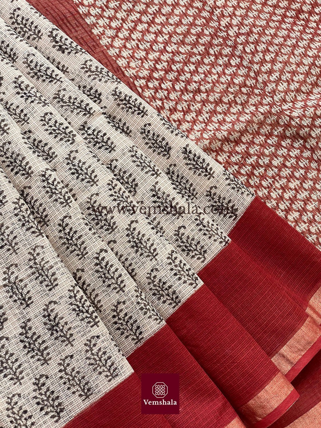 Brick Red / Black / Ecru Bagru Hand block print Kota Doria Cotton Saree - Vemshala