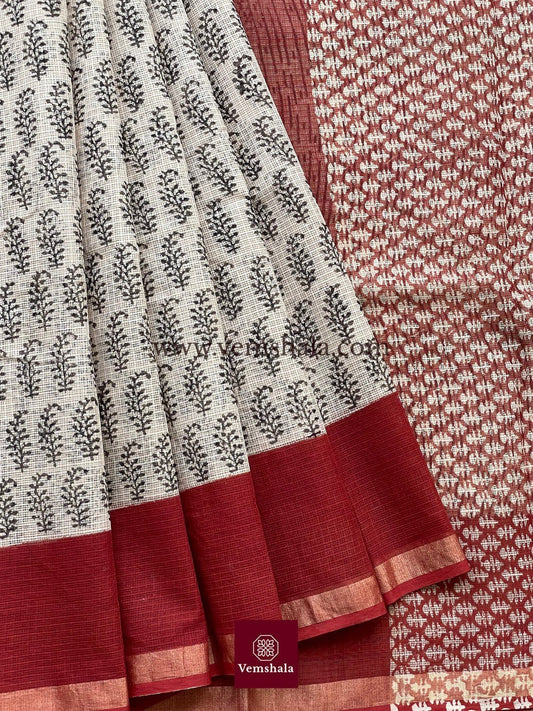 Brick Red / Black / Ecru Bagru Hand block print Kota Doria Cotton Saree - Vemshala