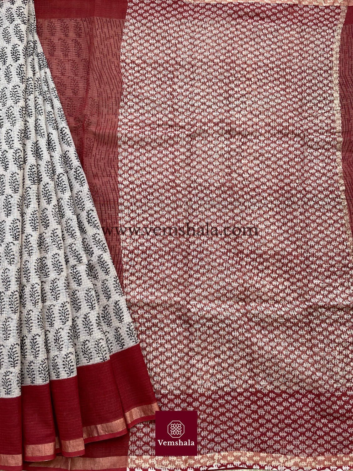 Brick Red / Black / Ecru Bagru Hand block print Kota Doria Cotton Saree - Vemshala