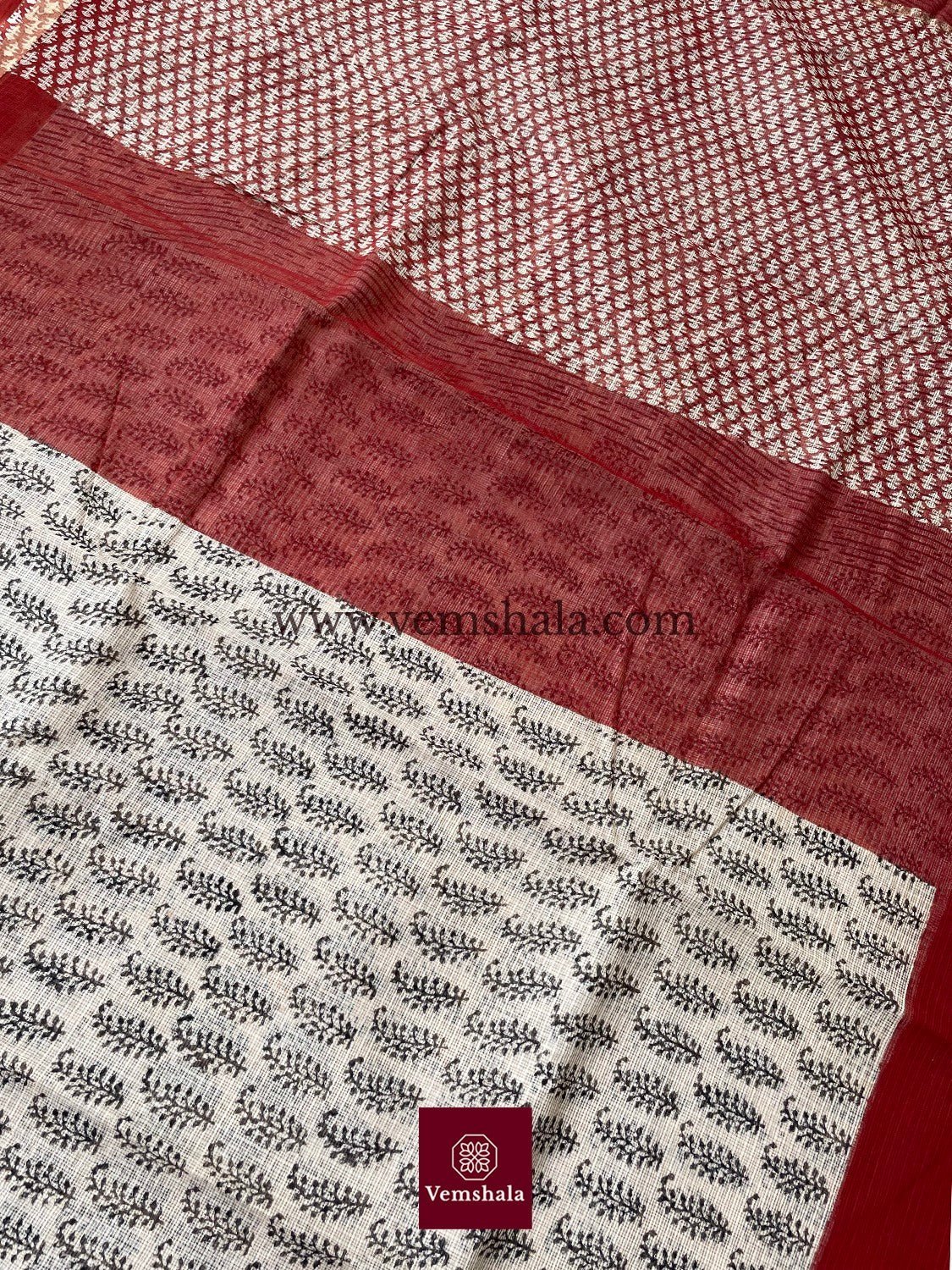 Brick Red / Black / Ecru Bagru Hand block print Kota Doria Cotton Saree - Vemshala