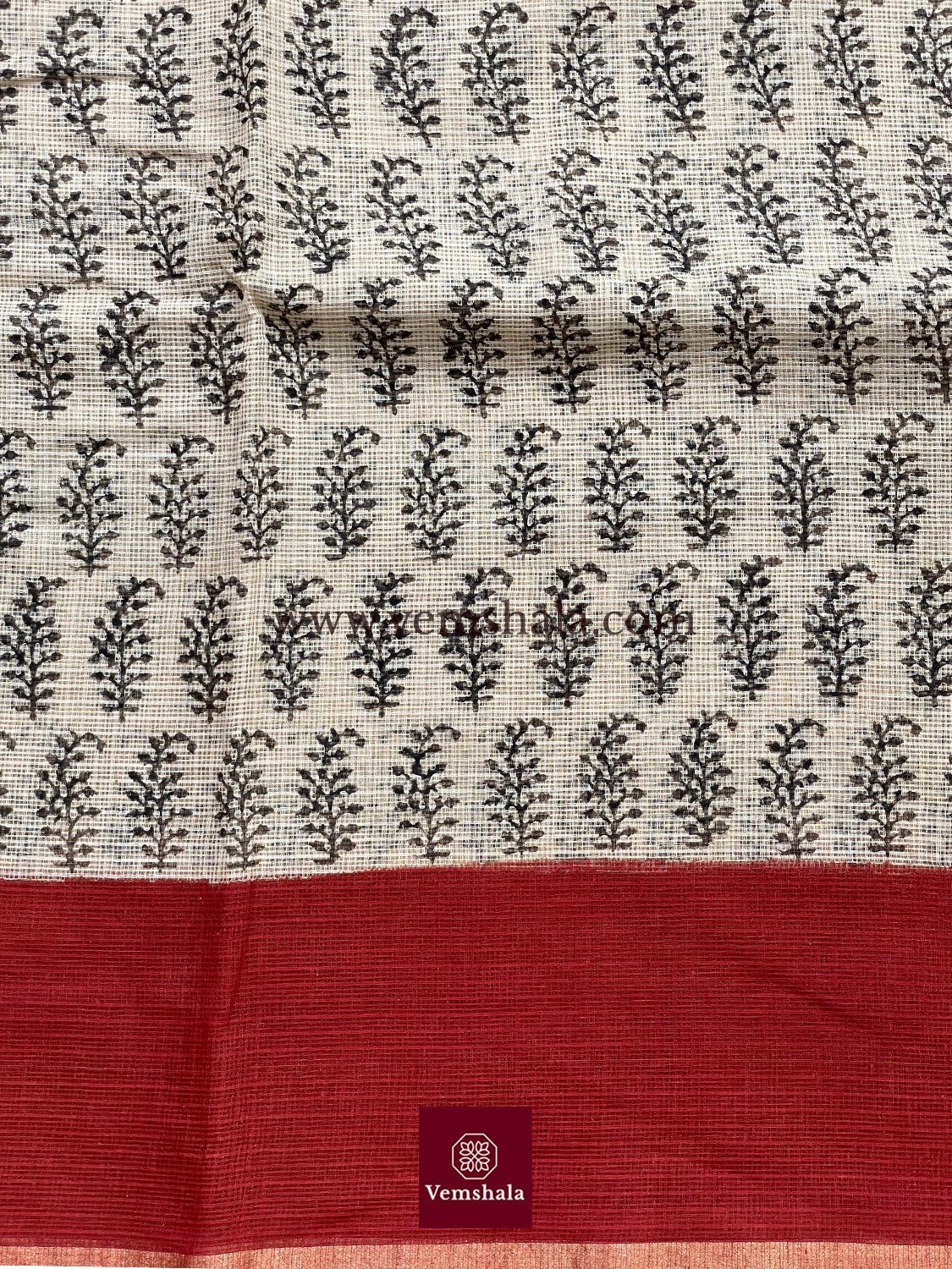 Brick Red / Black / Ecru Bagru Hand block print Kota Doria Cotton Saree - Vemshala