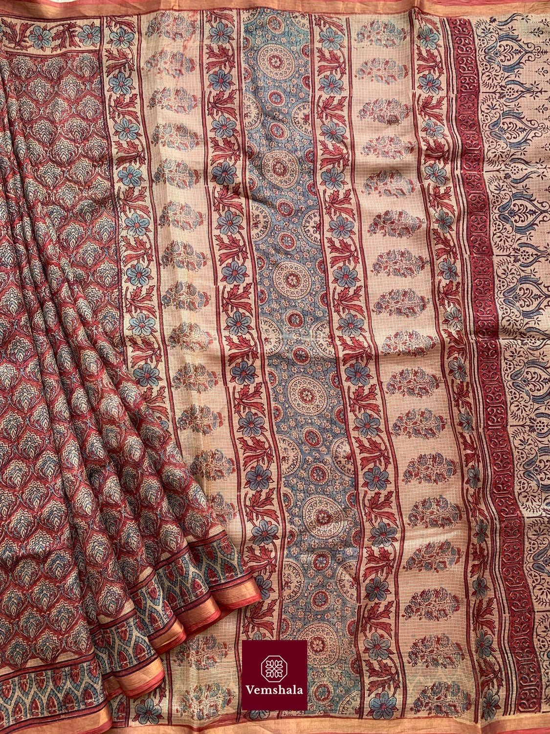 Brick Red / Faded Indigo Ajrakh Kota Silk Saree : Kriti - Vemshala