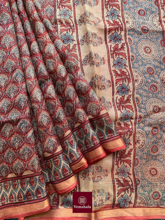 Brick Red / Faded Indigo Ajrakh Kota Silk Saree : Kriti - Vemshala