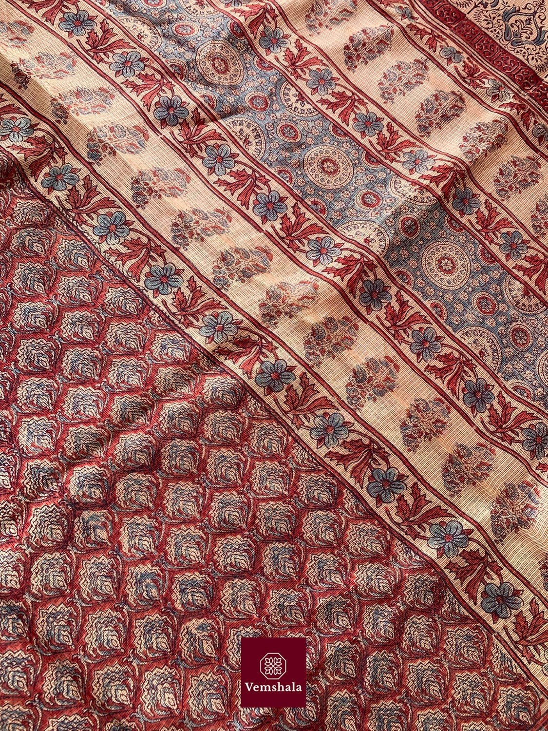 Brick Red / Faded Indigo Ajrakh Kota Silk Saree : Kriti - Vemshala