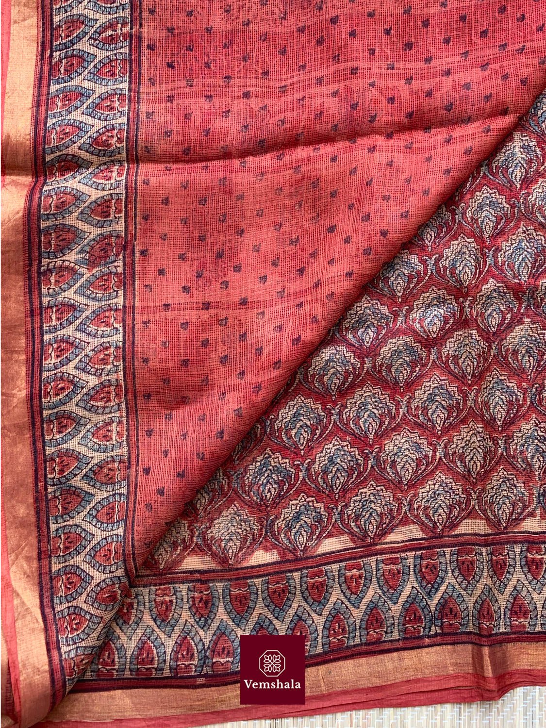 Brick Red / Faded Indigo Ajrakh Kota Silk Saree : Kriti - Vemshala