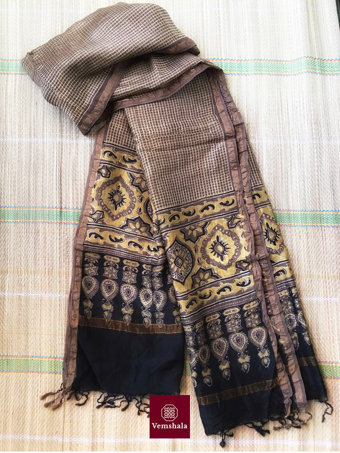 Brown / Yellow Chanderi Silk Ajrakh Dupatta - Vemshala